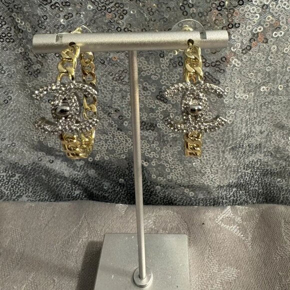 Chanel Gold Tone Crystal Double CC Turnlock Hoop Earrings - Picture 1 of 6